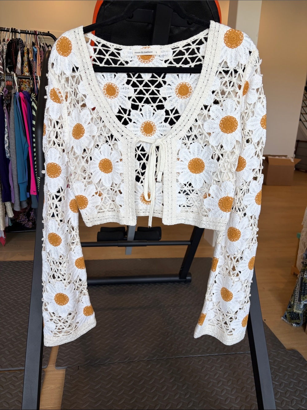 moon & madison White Crochet Daisy Tie-Front Cardigan with Mustard Centers